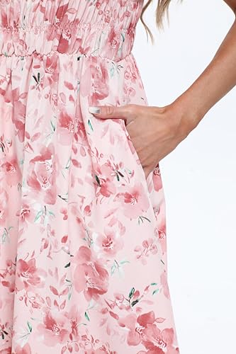 Image of Women's 2026 Summer Boho Floral Midi Dress Casual Square Neck Puff Sleeve A Line Dresses with Pockets
