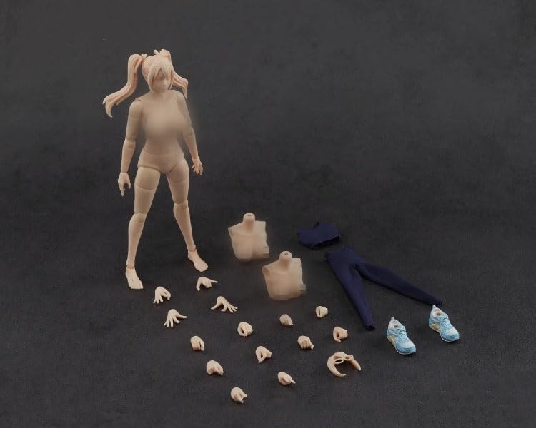 All components of the Crazy Figure LT004 action figure laid out, including the main body, head sculpt, multiple hand types, three chest sizes, glasses, a blue vest, blue sweatpants, and a pair of blue and white athletic shoes.