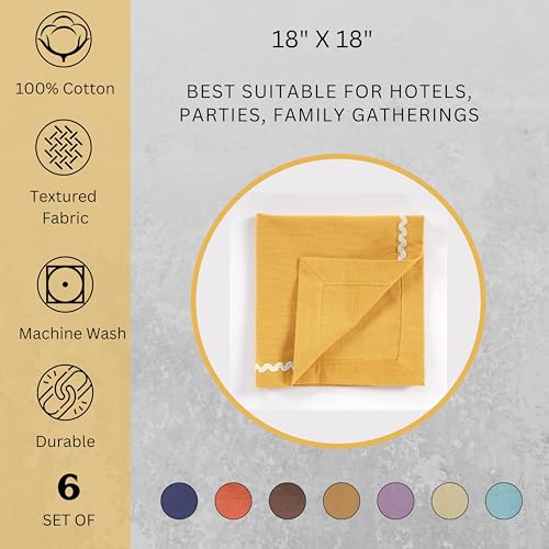Image of FINGERCRAFT Cloth Napkins Set of 6, 18x18 Inch, 100% Cotton Table Napkins with RIC Rac Scallop Lace Trim, Reusable Washable Dinner Napkins for Wedding, Party, Dining & Home Decor (Yellow)