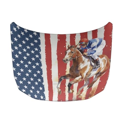 Image of Car Hood Cover, Protector Horse and American Flag Print Stretchable Auto Hood Wraps Automotive Exterior Accessories for Compact Sedan SUV Truck