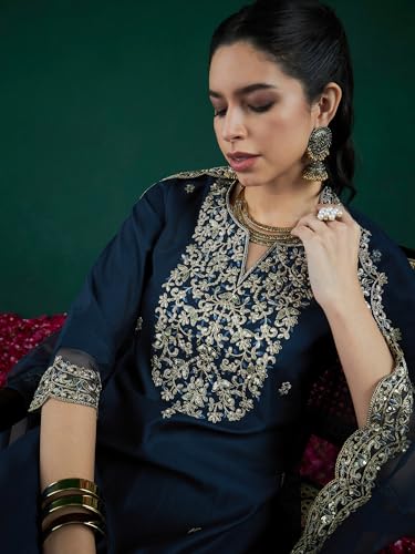 Image of INDO ERA Womens Rayon Viscose Embroidered Straight Kurta Pant Dupatta Set