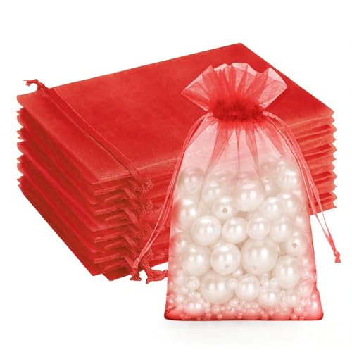 G2PLUS Red Organza Bags 100PCS Red Organza Gift Bags 4x6 Sheer Mesh Drawstring Bag Jewelry Pouches Small Tulle Candy Bag for Christmas Wedding Party Favors