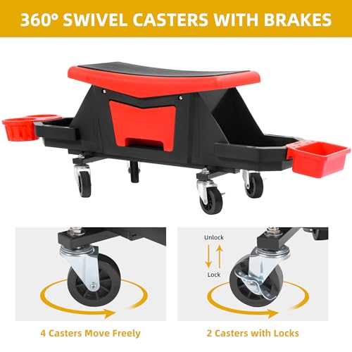 DWVO Mechanic Stool with Wheels, Heavy Duty Rolling Garage Stool 330 LBS Capacity, Mechanics Seat with 2 Removable Trays and Drawer, Rolling Tool Seat for Auto Repair Car Wash