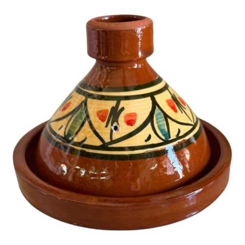 Tajine Marocchina in Terracotta Smaltata Ø 19 cm, Pentola Tajine Artigianale Dipinta a Mano, Smalto Senza Piombo, con Coperchio Conico, Istruzioni e Ricette Tipiche