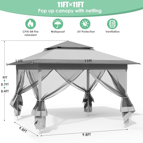 Arlopu Pop Up Gazebo Tent, Outdoor Instant Canopy, Easy Set-up Folding Shelter with Netting, Metal Frame, Screened House Shade Vented for Patio, Lawn, Party, Backyard, Garden (Grey, 11FT×11FT) - Thumbnail 2