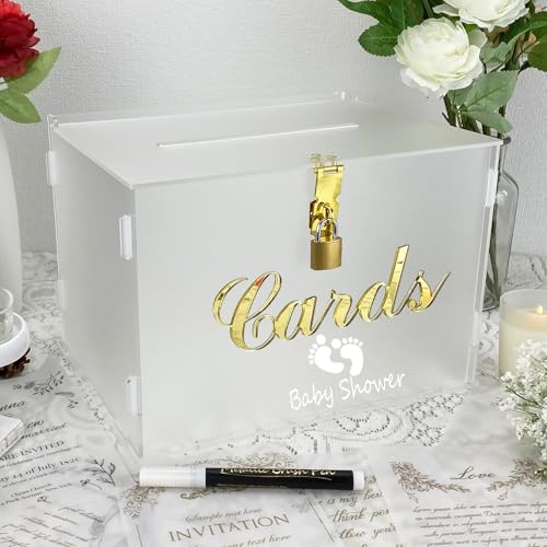 Image of 11 inch Frosted Wedding Card Box with Lock, Acrylic Gift Card Box for Wedding Decorations for Reception, Honeymoon Fund Money Box for Bridal Shower Decorations Party Reception Anniversary