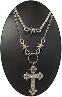 Multilayer Pearl Cross Necklaces for Women Gothic Cross Pendant Necklaces Y2K Thorn Necklaces Vintage Floral Cross Choker ...