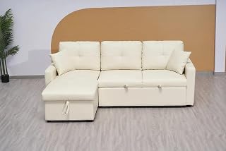Cream Bonded Leather Corner Sofa Bed - With Storage L Shaped Left & Right Convertable Click Clack for Cheap Couches Office&House - 3003B (Left Hand Side)