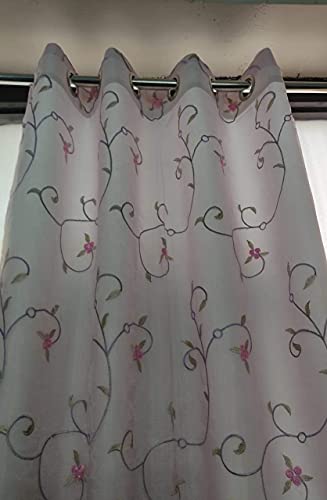 Image of 2 in 1 Embroidery Transparent Polyester Floral Door Curtain with 80% Blackout Curtain, Set of 2(7 Feet, Pink Embroidery + White Blackout)