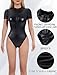 Faux Leather Bodysuit for Women Black Patent Leather Catsuit Lingerie Short Sleeve Skinny Bodysuit Front Zip Up Pvc Jumpsuit Mock Neck Cosplay Clubwear L