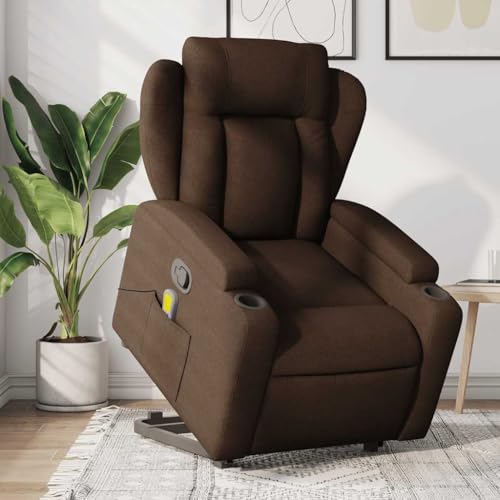 KTHLBRH Silla de Masaje Reclinable con Elevación Eléctrica y Función de Vibración 6 Puntos, Tela Marrón, Inclinación Manual 135 Grados, Portavasos y Bolsillo Lateral, Estructura
