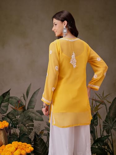 Image of Ada Women's & Girl's Georgette Hand Embroidered Lucknow Chikankari Regular Fit Short Kurti Top with Slip A911300