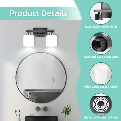Image of SILAMPDI 2-Light Bathroom Lighting Fixtures, Black Modern Vanity Lights Wall Lamp with Milky White Glass Shades for Mirror Kitchen Living Room Hallway Cabinet Porch, Bulbs Not Included
