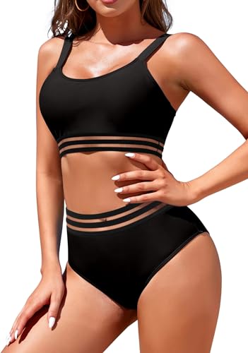 Image of Womens High Waisted Bikini Sets Sporty Crop Top Color Block Swimwear Bandeau Scoop Neck Vintage Two Piece Bathing Suits