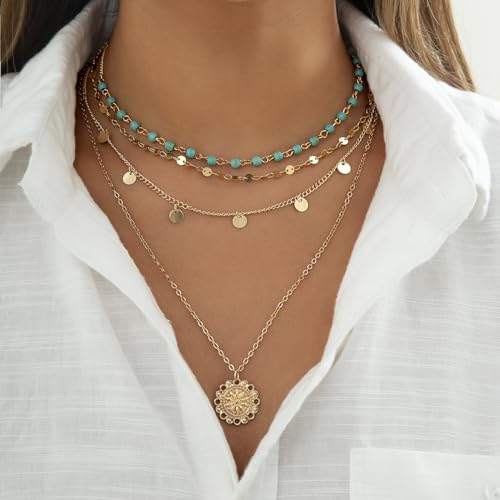 Layered Turquoise Necklaces For Women Gold Turquoise Coin Pendant Layered Necklaces Chain Glitter Bohemia Sequin Tassel Long Necklace Beach Chain Jewelry Adjustable2