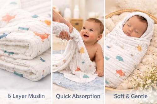 Image of Cotton Muslin Baby Bath Towel Super Soft Bathing Towel for Newborn Highly Absorbent, Kids Boys and Girls Multicolor Size 55 x110 cm (Color May Vary)