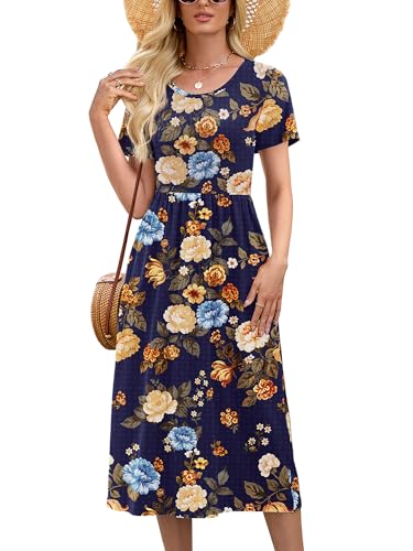 Image of Heymoments Women's Casual Short Sleeve Midi Dress Crewneck A Line Tiered Flowy Loose Travel Long Dresses with Pockets