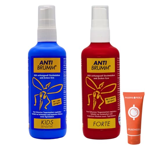 Bundle Anti Brumm Forte + Anti Brumm Kids Sensitive Pumpspray, je 150 ml I Schutz gegen Mücken und Zecken I Mückenspray I Erwachsene und Kinder I Reisen, Tropen I Spar-Set plus Pharma Perle giveaway