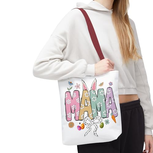 Christian Easter Day Mama Bunny Coquette Tote Bag for Women Casual Reusable Shoulder Shopping Grocery Bags for Mother's Day 6