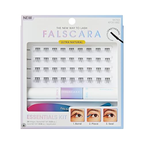 Falscara Essentials Kit, False Eyelashes, Lash Clusters, Ultra Natural, 8mm-12mm, Includes 36 Clusters, Applicator, Adhesive and Sealer, Easy to Apply, Reusable