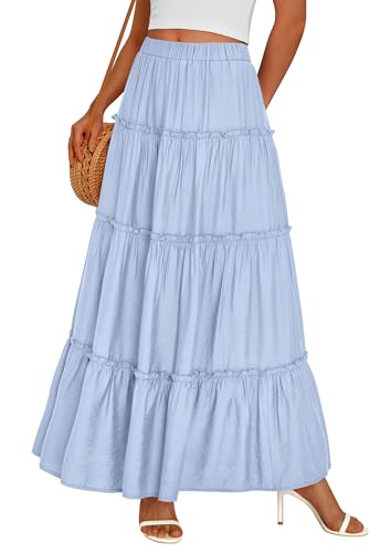 PRETTYGARDEN Boho Maxi Skirts for Women Trendy Summer 2026 Spring Long Flowy A Line Tiered Skirt Beach Vacation Clothes Dress (Sky Blue,Medium)
