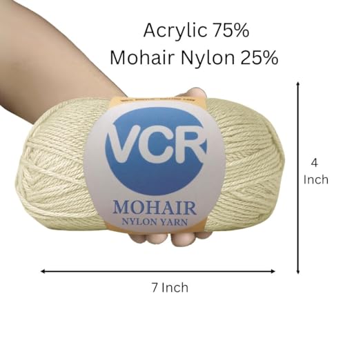 Image of VCR Mohair Nylon Soft Cream Yarn, 100 Grams Hank, 196 Meters Length, Acrylic 75%, Mohair Nylon 25%, Pack of 1 Yarn, Soft Crosia Threads, Suitable for Winter Garments.