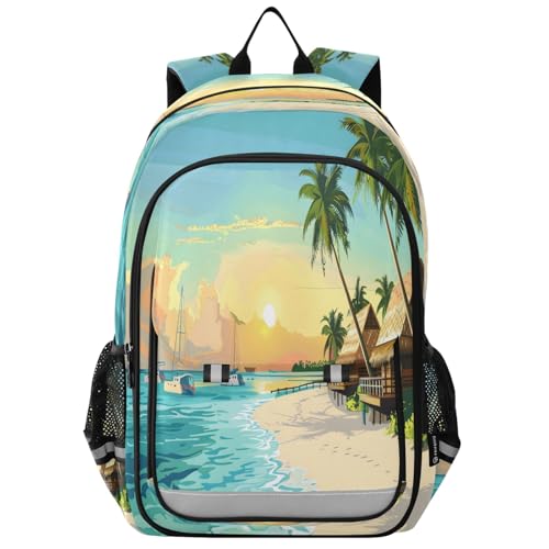 Sac à dos tendance motif plage avec toits de palmiers grand compartiment école