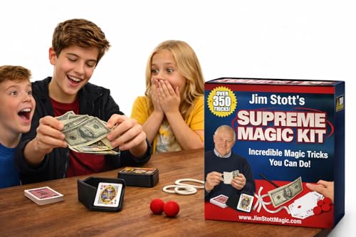 Jim Stott Magic Supreme Magic Kit for Kids – 250+ Easy Magic Tricks | Beginner Magic Set with Cards, Coins & Mind Reading | Fun Gift for Boys, Girls, Teens & Adults