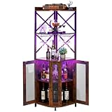 PREGILR ウイスキー 棚、ワインラック付き コーナーワインキャビネット 木製 おしゃれ 収納 酒 棚 ラック ディスプレイ レトロな色 リキュールキャビネット オープンシェルフ付き リビングルーム、レストラン、バーなどに適し タ...