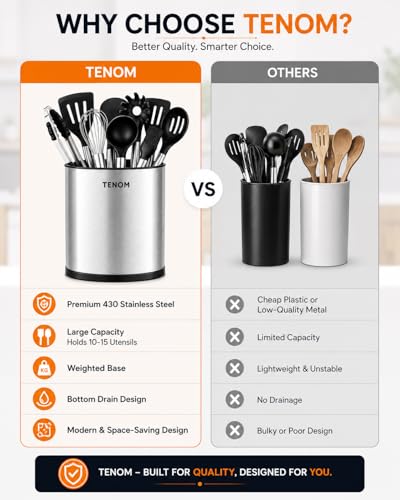 Image of TENOM Stainless Steel Spoon Holder Stand for Kitchen, Cutlery & Utensil Organizer with Drainage, Spoon, Ladle & Spatula Holder