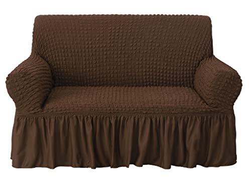 Image of House of Quirk Turkish Bubble Frill 280 GSM Sofa Slipcovers, Durable Washable Universal Four Seater High Elastic Furniture Protector (Coffee, 230-300cm)