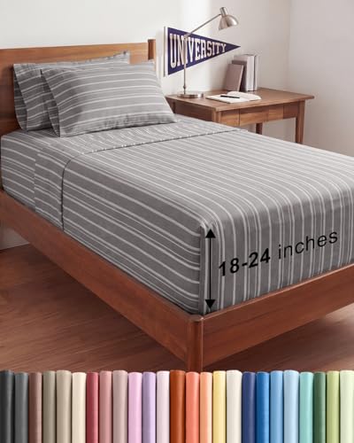 Extra Deep Twin XL Sheet Set - 4 Piece Breathable and Cooling Sheets - Hotel Luxury Bed Sheets Set - Easy Fit - Soft, Wrinkle Free and Comfy Sheets Set - Grey Striped Sheet Set with Extra Deep Pockets