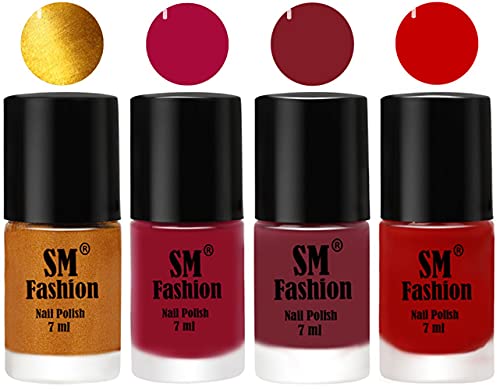 Image of Nail Polish Combo Set (Pack of 4) Quick Dry Gel Finish Nail Paint | Golden,Raspberry,Lip,Orange | 7 ml Each