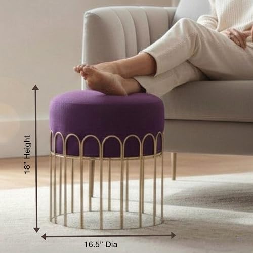 Image of Premium Gold Metal Ottoman Pouffe Stool & Footrest for Living Room & Bedroom | Wine Soft & Classy Mosha Fabric with Arch Frame | 18 inch Height | Luxury Multipurpose Furniture & Home Decor