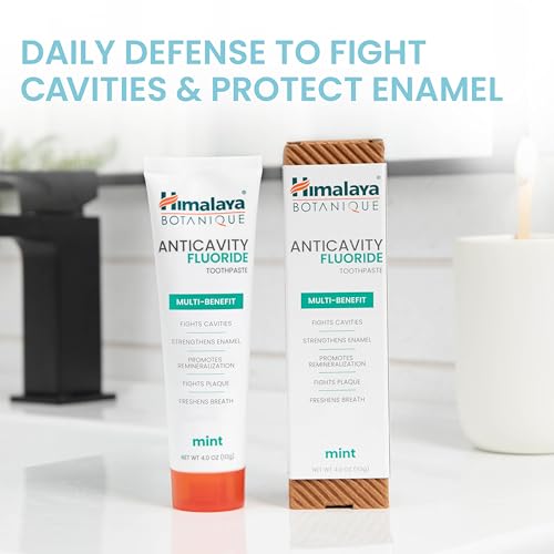 Image of Himalaya Botanique Anticavity Fluoride Toothpaste, Fluoride with Multi-Benefit Support, Fights Cavities, Strengthens Enamel, Promotes Remineralization, Mint Flavor, 4 oz. | Fluoride Toothpaste, Multi-Benefit Support, Fights Cavities, Remineralizes & Strengthens Enamel, No SLS or Titanium Dioxide