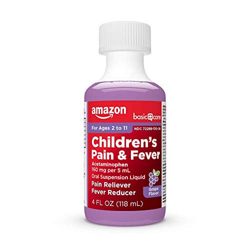 Image of Amazon Basic Care Children's Acetaminophen 160 mg per 5 mL Oral Suspension, Grape Flavor, Pain Reliever and Fever Reducer for Headache, Sore Throat and Toothache, 4 fl oz (Pack of 2)