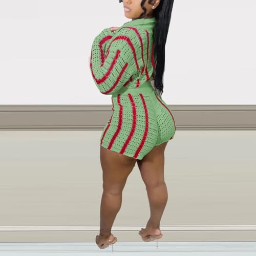 Image of Womens Fashion Stripe Knit Sweater Cardigan 2 Piece Outfits,Long Sleeved Woollen Cardigan and Shorts Suit