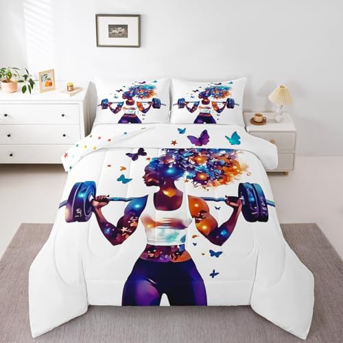Fitness Afro Girls Comforter Set with Dumbbell Design