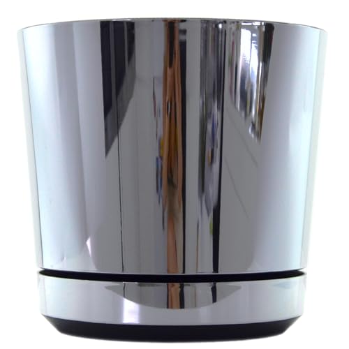KERD Blumentopf 32 cm, Spiegeleffekt (016), dekorativ, hochwertig, aus recyceltem Material, mit Drainagesystem, mit Untersetzer, handbeklebt, Spiegeleffekt, silberner Hochglanz, Minimalismus, Glamour