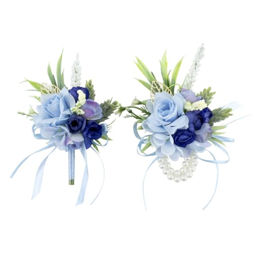 Floinla 2Pcs Blue Wrist Corsage and Boutonniere Set for Prom Wedding