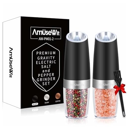 Gravity Electric Salt and Pepper Grinder Set of 2 - Battery Operated Automatic Salt and Pepper Mills with White Light,Adjustable Coarseness,One Handed Operation,Cleaning Brush,Black by AmuseWit