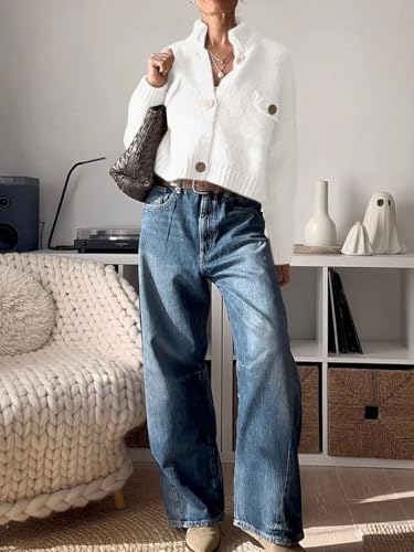 Image of Saodimallsu Womens Cropped Cardigan Sweaters Button Up Chunky Knit Long Sleeve Collared Open Front Loose Jackets