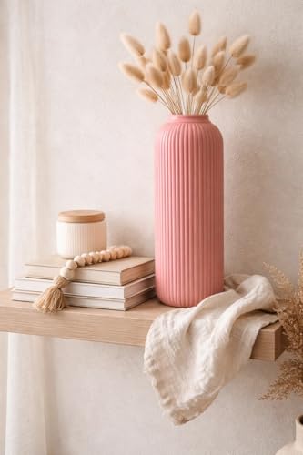 Image of SPHINX Ribbed Pipe Ceramic Vase, Flower Vase, Pampas Grass Vase, Vase for Money Plant Live Plants for Home, Office, or Gifts NO Flowers- (Glossy Pink, 9 Inch)