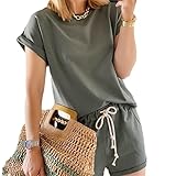 Sommer Damen Solid Trainingsanzug Set, Kurzarm Sportanzüge, Frauen Casual Trainingsanzüge Elastische Taille Set, armee-grün, 36