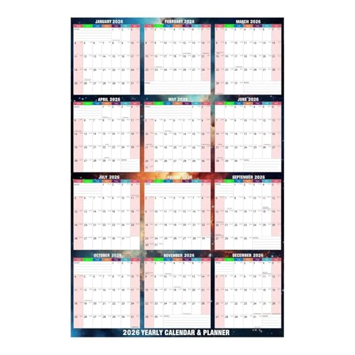 Djowyh Calendario anual 2026,86 x 61 cm, planificador de limpieza en en ambos lados | Calendario diario - Para hábitos, aprendizaje, escuela, hogar, citas, viajes, vacaciones