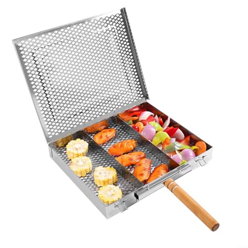 Bandeja rectangular de acero inoxidable para barbacoa con mango de madera, parrilla de camping al aire libre para verduras, carne de pescado (A)