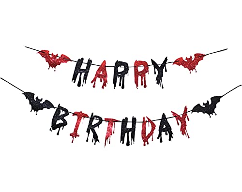 Topfunyy Happy Birthday Halloween-Banner, schwarz-rot, glitzernd, Fledermaus, gruseliger Horror, blutige Girlande für Halloween, Zombie, Vampir, Geburtstagsparty, Dekorationen, Zubehör