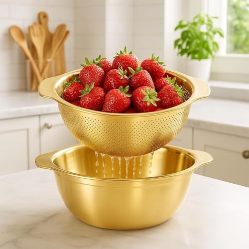 Image of Golden Stainless Steel Colander with Bowl Set | Multipurpose Kitchen Strainer & Drainer | Rust-Free Durable Vegetable Fruit Rice Pasta Washing Bowl | Elegant Serving & Storage Use (Combo)