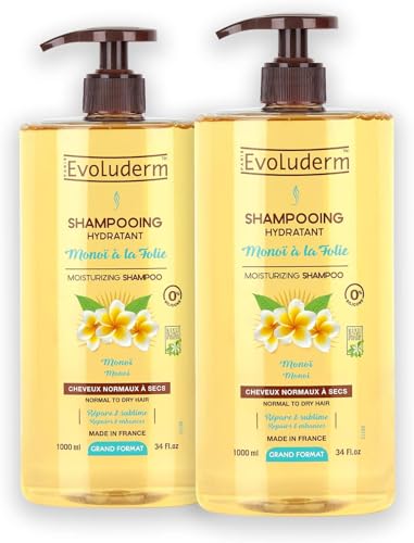 EVOLUDERM - Shampoing Hydratant Monoï à la Folie - 1000 ml - 95% d'Origine Naturelle - Végan - Fabrication Française - Lot de 2 x 1000 ml