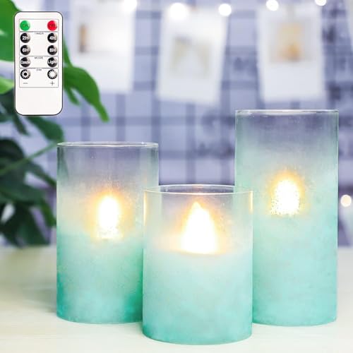 Image of Blue Flameless Candles with Remote Aqua Glass Handmade Sandblast Battery Operated Candles Flickering Decorative LED Pillar Candles for Home Bathroom Coastal Theme Wedding Decorations